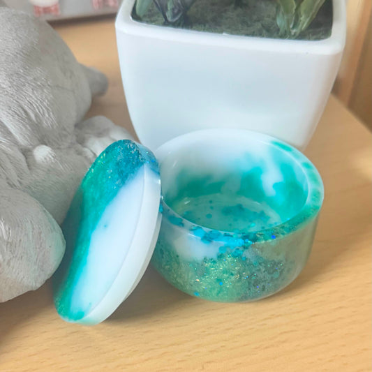 Dosen klein Epoxidharz, grün, weiß, rund, glitzer, Geschenk